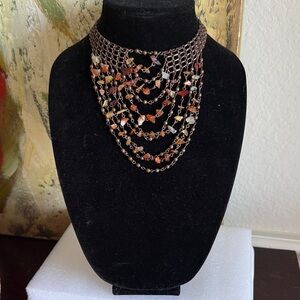 Boho Multi-Layer Gemstone Bib Necklace – Earth Tone Chip Stones & Bronze Chain